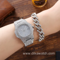 Stylish Men's Fashion Jewelry Watch Set 3 PCS Quartz Watches with Rhinestone Bracelet Necklace Punk Silver Wristwatch Set + Box